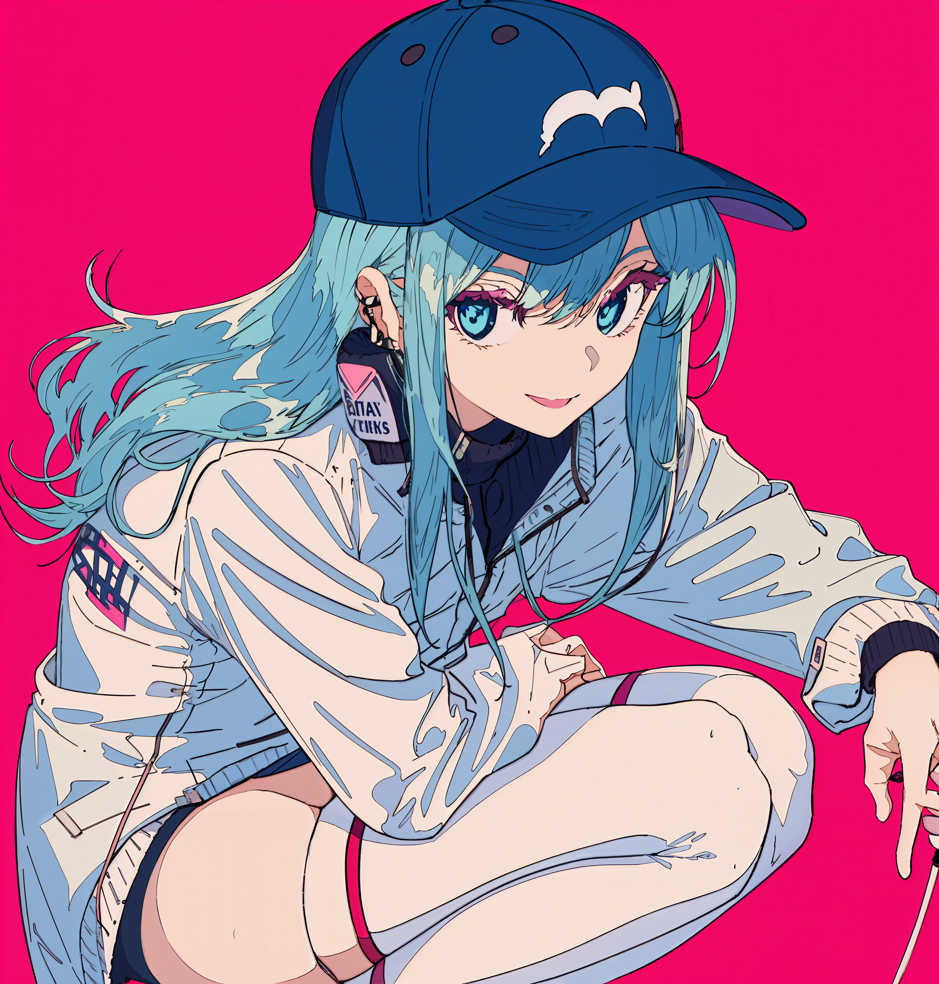 1238408-3395435352-1girl, solo, hat, blue hair, baseball cap, squatting, pink background, looking at viewer, white jacket, jacket, long sleeves, bl.png
